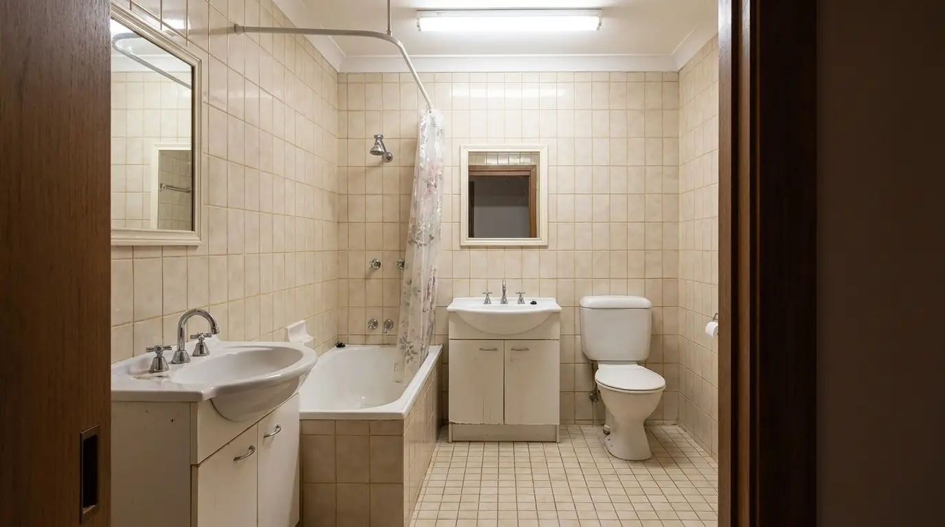 Bad vor der Renovierung mit alten Fliesen und Wanne