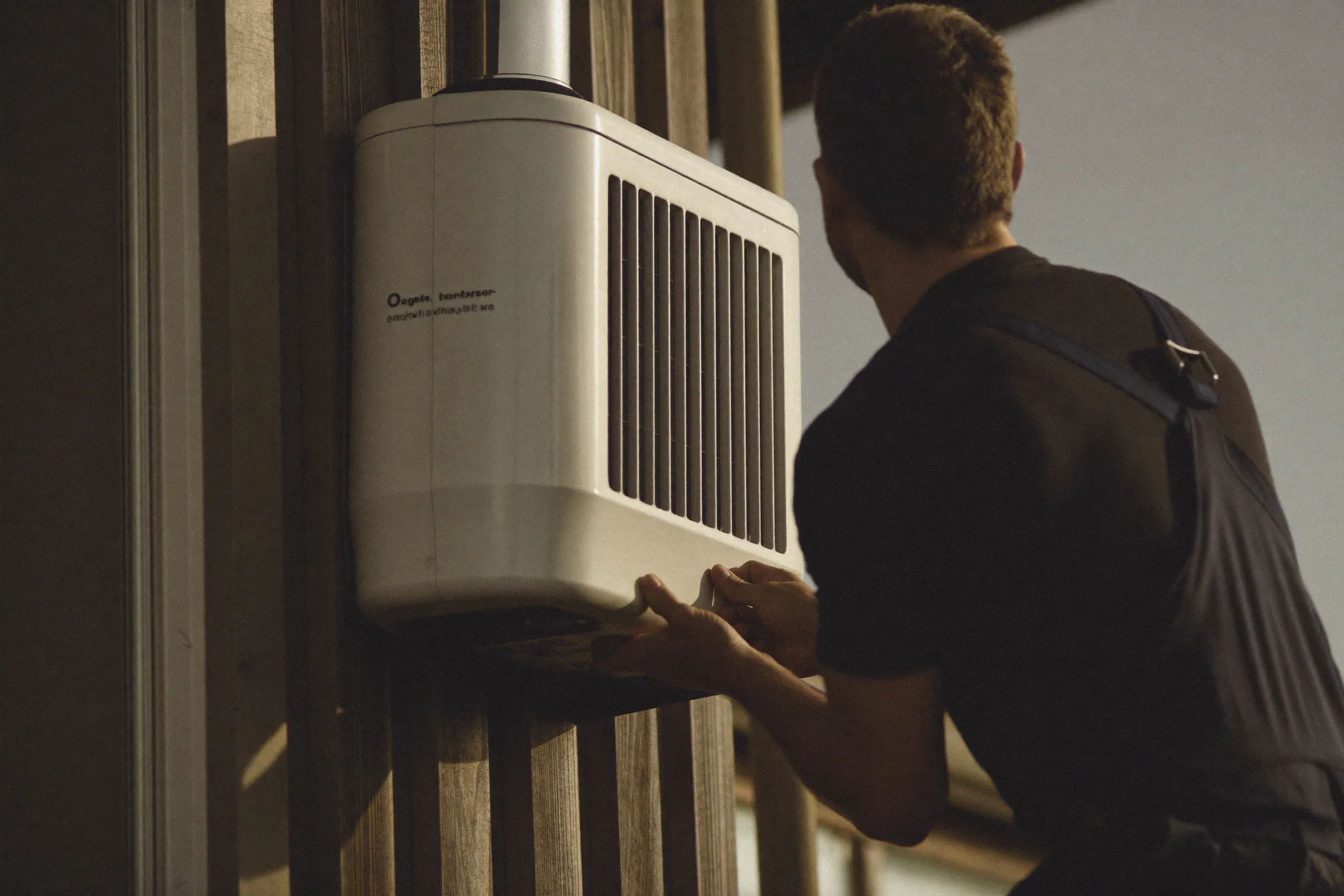 Monteur installiert eine Wärmepumpe an einem Wohnhaus